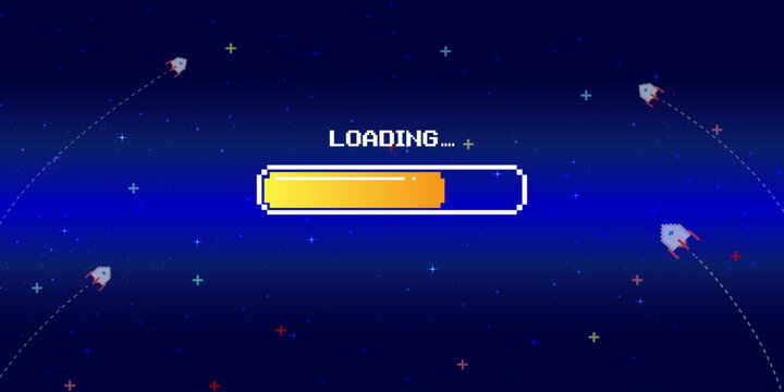Loading bar. 8-bit game. Retro sci-fi background. Glowing neon grid and stars from vintage arcade computer games.