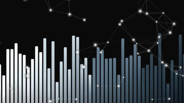 Dynamic data visualization with interconnected nodes and fluctuating bar graphs, representing real-time information flow and complex network analysis.