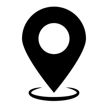 Black map location pin icon on a circular base