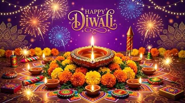 Happy diwali celebration with diya lamps and fireworks