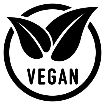 Black vegan symbol with two leaves and text in circular design
