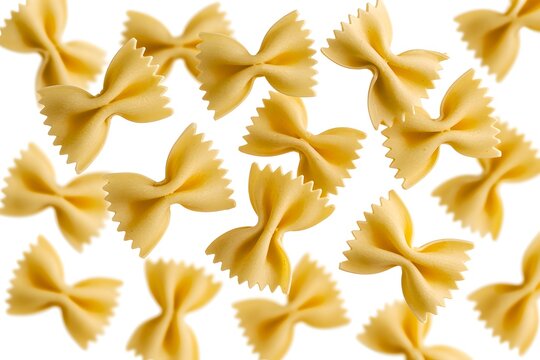 Uncooked farfalle pasta pieces scattered on white background with farfalle