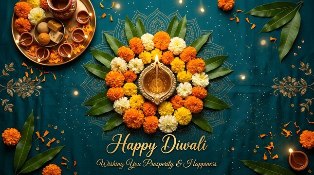 Happy diwali greeting with diya and marigold flowers