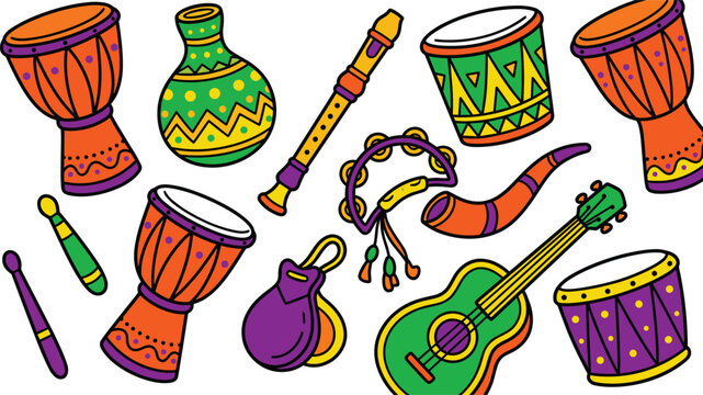 Colorful Traditional Musical Instruments Vector Set Featuring African Djembe Drums Acoustic Guitar Flute Tambourine Shaker and Castanets for Music Festival Designs