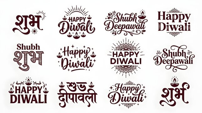 Set of happy diwali and shubh deepawali calligraphy text designs