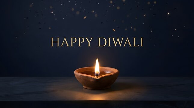 Happy diwali greeting with glowing diya lamp on dark background