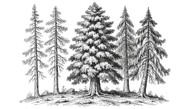 Vintage engraving style drawing of coniferous evergreen pine trees in a forest line