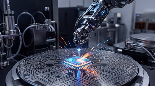A robotic arm performing precision work on a computer chip, showcasing advanced automation and engineering.