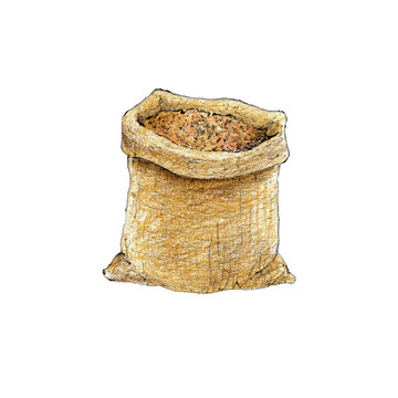 Sack filled with grain. Hand-drawn illustration created with fine black liner and colored pencils. Suitable for farm, harvest, livestock feed, countryside, and vintage rural-themed designs.