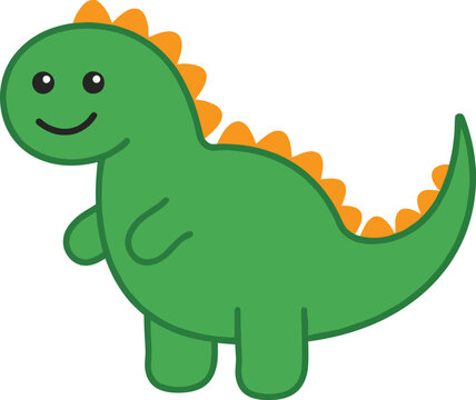 A cute cartoon green dinosaur with orange spikes on its back.