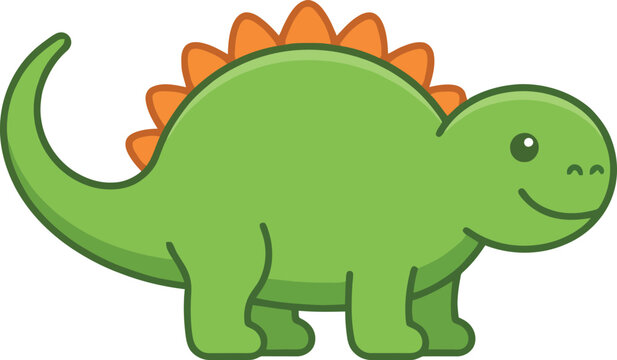 A cute cartoon green dinosaur with orange plates on its back.