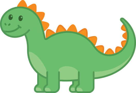 A cute cartoon green dinosaur with orange spikes standing on a white background.
