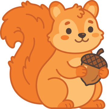 A cute cartoon squirrel holding a brown acorn.