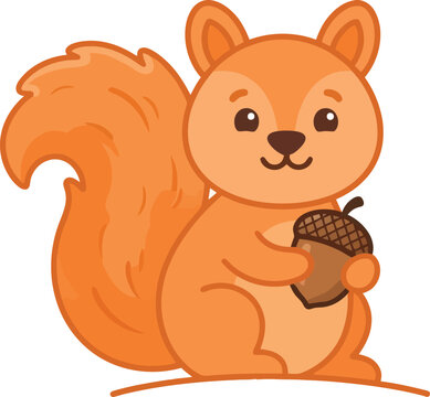 A cute cartoon squirrel holding a brown acorn in its paws.