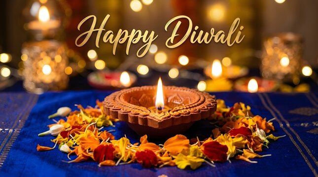 Happy diwali celebration with diya lamp and flower petals