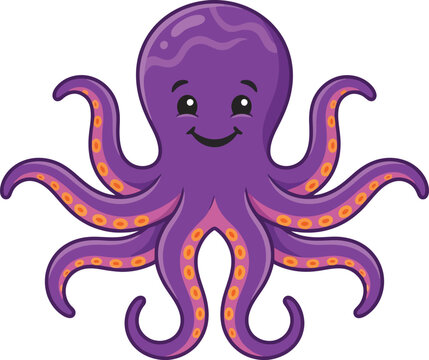 A cute purple cartoon octopus with a friendly smile and eight tentacles.