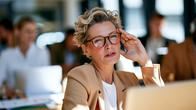 Businesswoman in glasses touches her forehead, flushed and warm during a busy workday. Realistic office portrait of a confident mature professional woman.