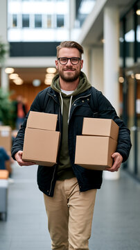 Smiling man carrying cardboard donation boxes through modern building hallway, volunteer community service and charity support concept.