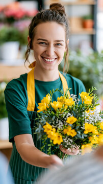 A smiling florist in a green apron proudly presents a fresh yellow bouquet, capturing the warmth and craftsmanship of a small flower boutique business.