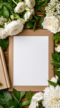 Blank white card mockup surrounded by white roses and green foliage on wooden background, elegant wedding invitation template with copyspace.