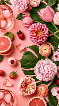 Flat lay of pink flowers, fresh strawberries and grapefruit around cocktail glasses and a dessert. Elegant celebration table with soft pastel tones.