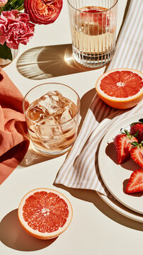 Summer cocktail and mocktail party flat lay with grapefruit, strawberries and iced drinks, fresh flowers and linen napkins in bright sunlight styling.