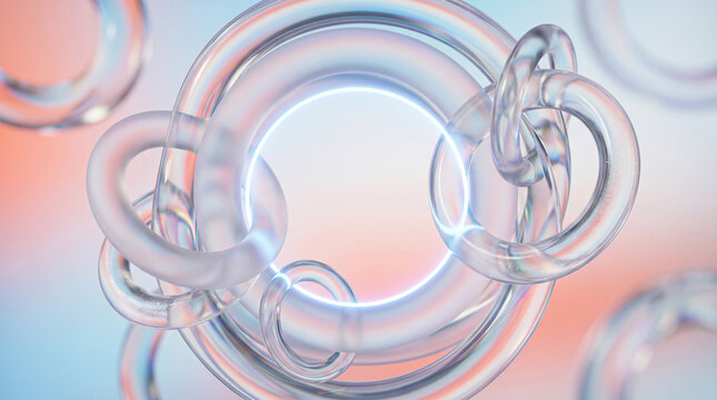 Abstract transparent torus shapes with neon glow in soft pastel lighting