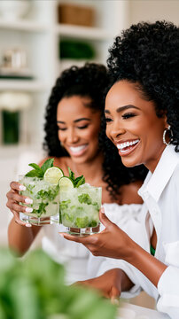 Mother and daughter share joyful toast with fresh mint lime mojitos, warm smiles, refined minimalist home interior, luxury mindful lifestyle editorial portrait