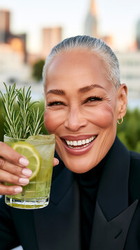 Smiling senior woman laughing on rooftop terrace with fresh herb cocktail, cityscape sunset backdrop, joyful retirement lifestyle celebration.