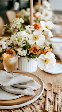 Elegant wedding table setting with botanical cocktail, flowers, linen napkins and wooden cutlery, warm autumn tones, luxury editorial styling, copy space