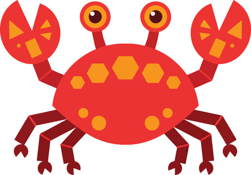 A vibrant red cartoon crab with geometric orange patterns and large expressive eyes.