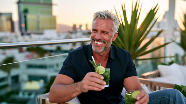 Smiling mature man laughing on rooftop terrace with fresh mint cocktail, city sunset skyline backdrop, joyful retirement celebration lifestyle.