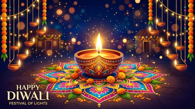 Happy diwali festival of lights with colorful rangoli and diyas