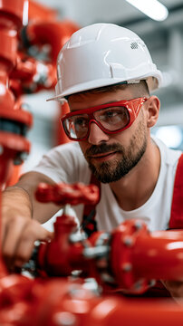 Engineer in helmet and safety goggles inspects red industrial fire protection valves and pipes inside a battery storage facility. Preventive maintenance concept.