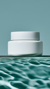 Blank white cream jar floats above rippling aqua water, soft caustic light and minimalist composition, symbolizing hydration, moisture and water balance for luxury skincare.