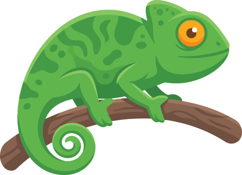 A vibrant green chameleon perched on a brown tree branch.