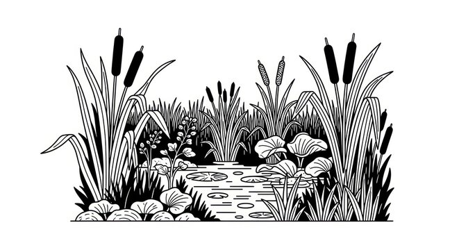 Black and white cattail wetland landscape.