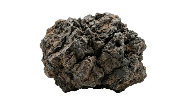Volcanic lava rock with porous texture, dark basalt stone for aquarium landscaping, natural igneous mineral specimen isolated on Transparent Background