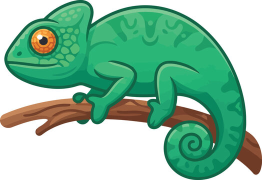 A vibrant green chameleon perched on a brown tree branch.
