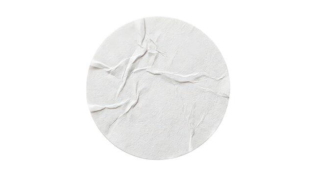 Crumpled white paper sticker, round wrinkled adhesive label, textured circular glue poster mockup for branding isolated on Transparent Background