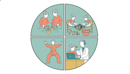 Fototapeta premium Elderly people engaging in gardening chess tai chi and healthcare vector illustration