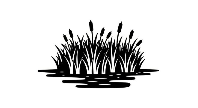 Black silhouette of cattail plants water.