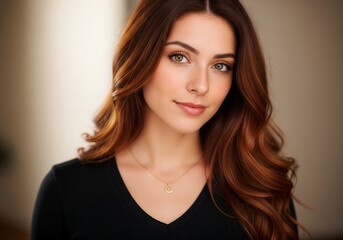 Fototapeta premium Professional studio headshot of a beautiful woman with long auburn wavy hair and pendant necklace looking with subtle smile for beauty and fashion stock