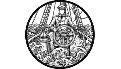 Fototapeta premium Ship captain at wooden steering wheel navigating vessel through rough ocean waves emblem
