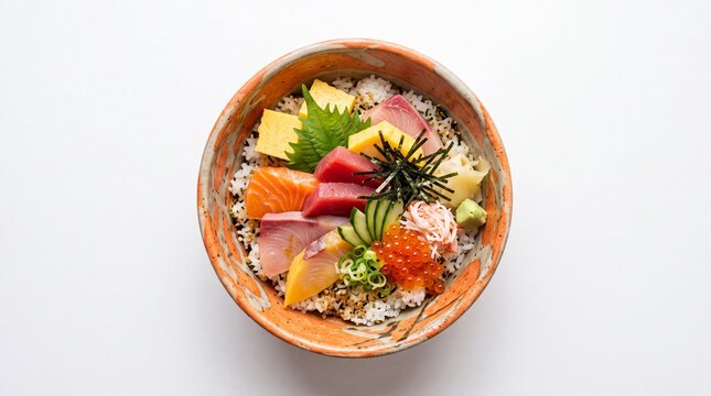 A beautifully presented chirashi don a traditional japanese seafood and rice bowl featuring fresh salmon tuna and vibrant colorful garnishes