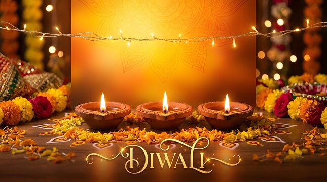 Diwali festival celebration with traditional oil lamps and marigold flowers