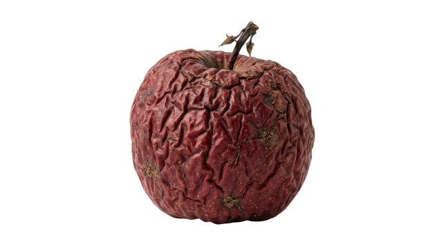 Shriveled rotten apple with wrinkled red skin, decaying old fruit with dry texture, spoiled organic produce for waste concept isolated on Transparent Background