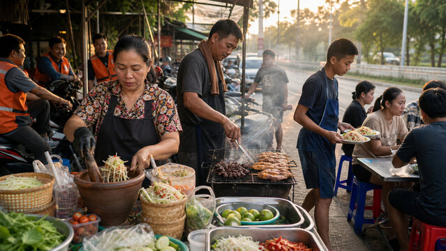 Family run Thai som tam street food stall with grill and roadside diners