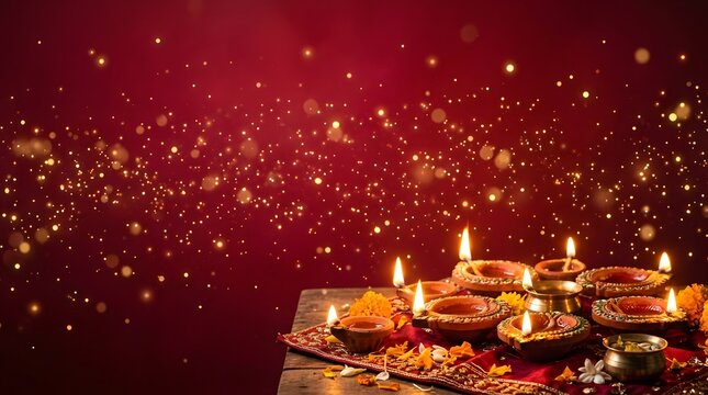 Diwali oil lamps on red fabric with golden bokeh lights