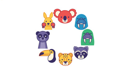 Naklejka premium Cute cartoon animal head icons arranged in a circular frame composition for kids